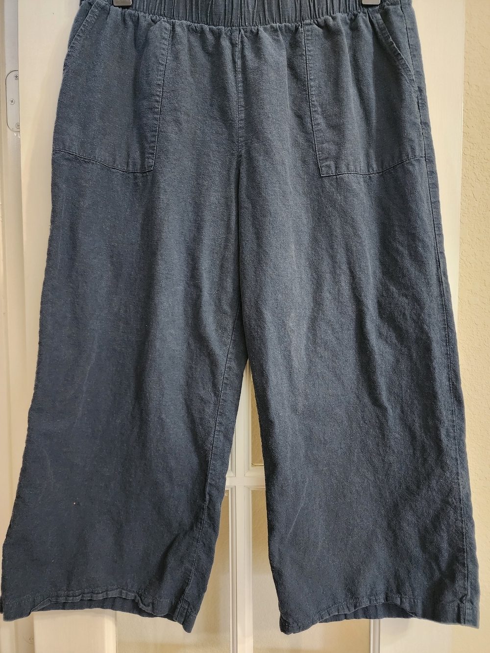Felina Linen Cotton Wide Leg Crop Pants Navy Blue Large Pull On - Picture 6 of 12